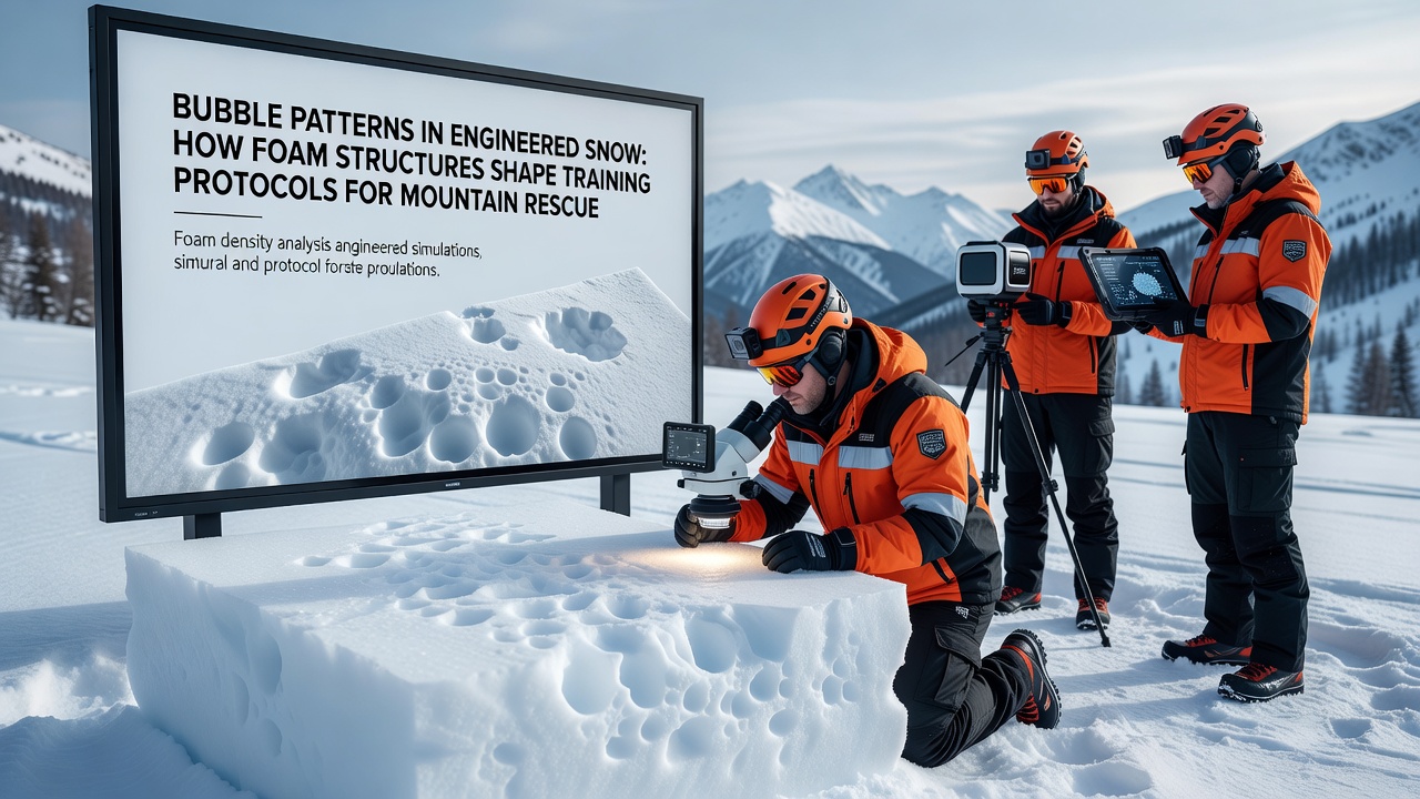 Mountain rescue team practicing avalanche search techniques on engineered foam snow structures
